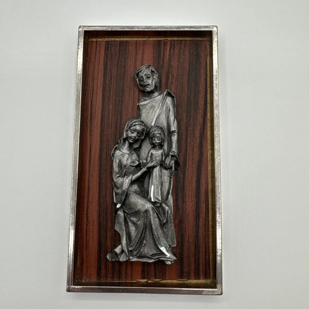 Vintage Italian PELTRY Holy Family Plaque Pewter Wood MCM Wall Art Italy